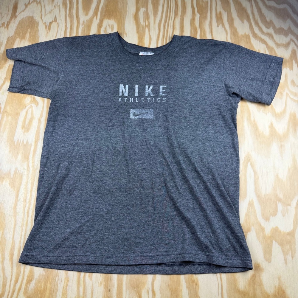 Vintage Nike Athletics T-Shirt Mens Medium Charcoal Grey Y2K Made in USA Swoosh